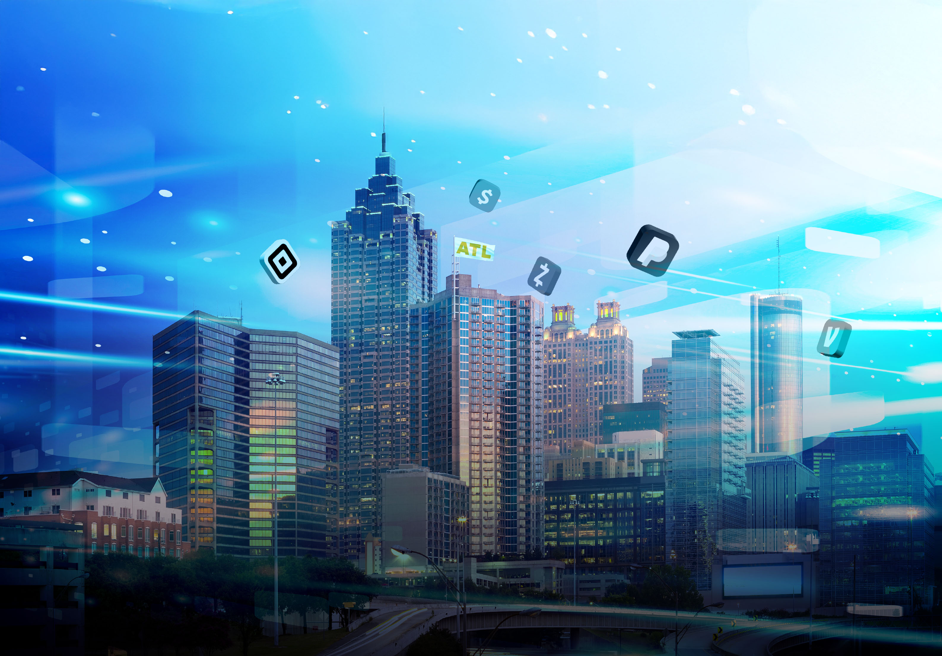 atlanta skyline with atl flag in air, and app icons of digital payment companies
