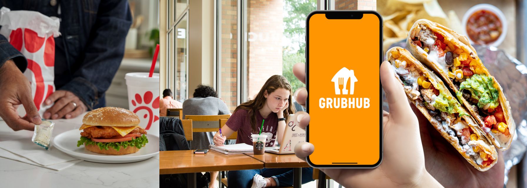 Students enjoying food from on-campus restaurants ordered through Grubhub