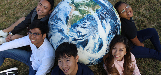 globe with students