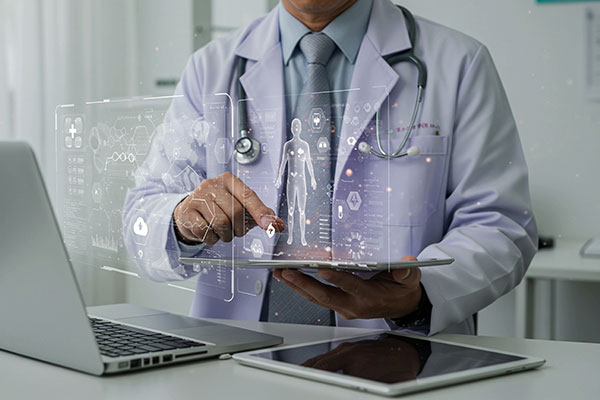 healthcare entrepreneur holding a tablet with ai generated medical diagrams.