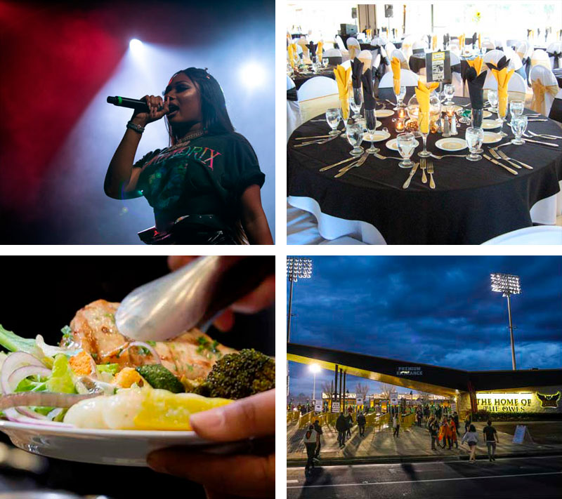 The image is of four sections, each depicting different scenes. The image includes a photo of a Singing Performance, an Elegant Dining Table, a close-up of a dish being served, and KSU Stadium Entrance.