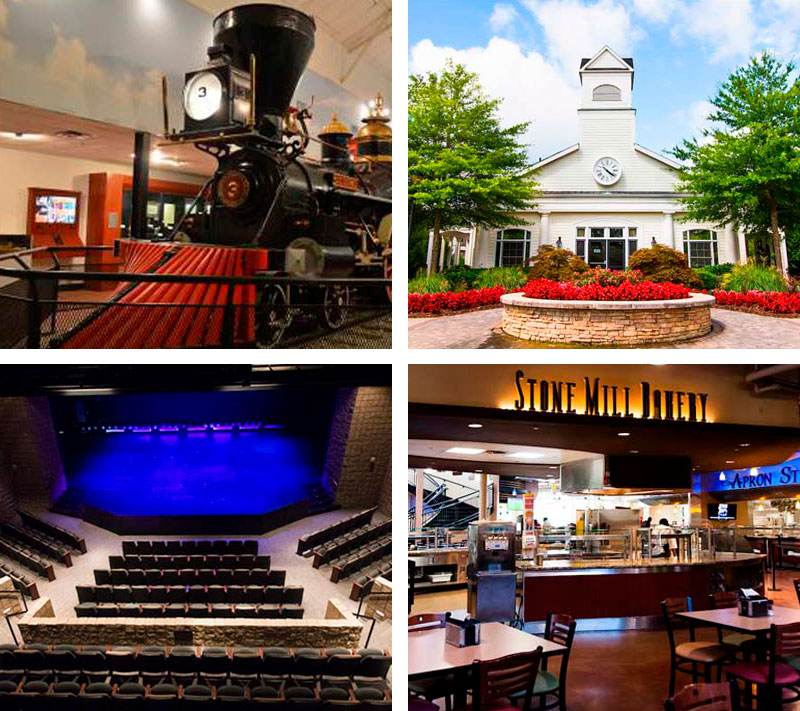 The image is divided into four sections, each showcasing a different scene from the Sports and Recreation Park located just 1 mile from KSU’s main campus. The sections include photos of a steam locomotive, a clock tower building, an auditorium, and a dining area.