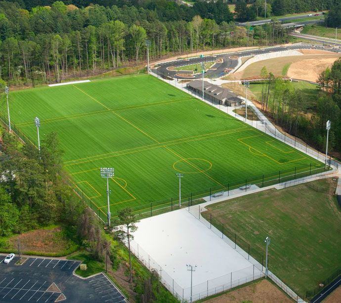  Aerial view of KSU'S The Perch, 6 acres of continuous playing service that can be configured to host a variety of sports and events.