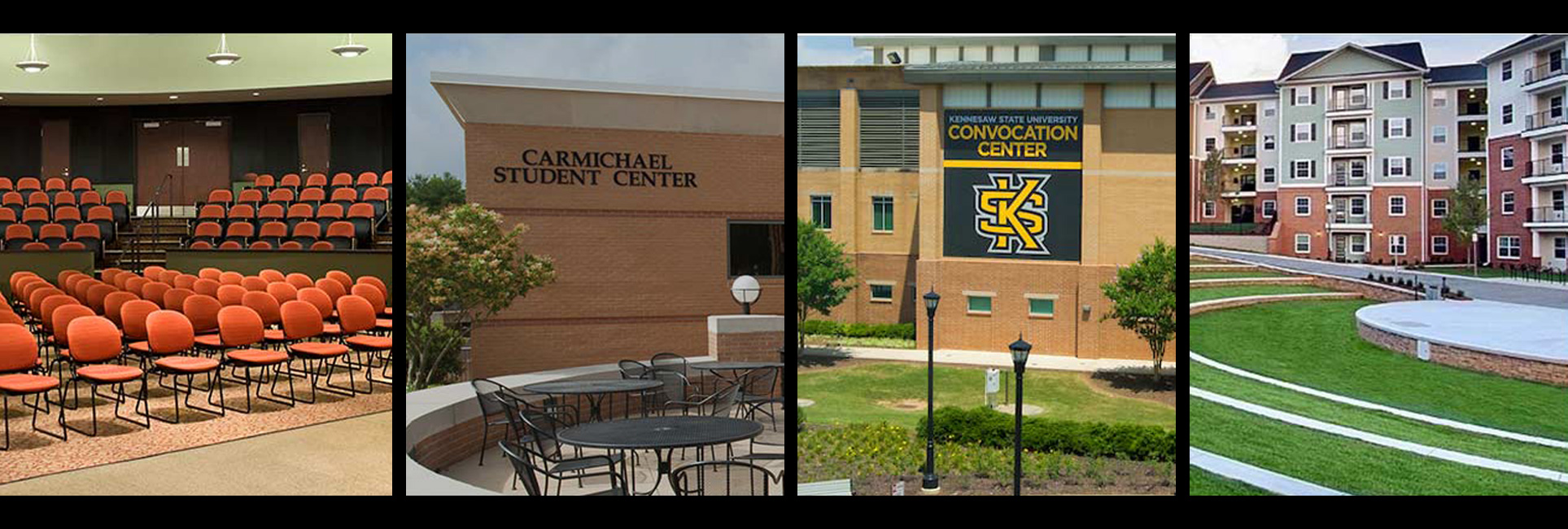The first section shows an auditorium with rows of orange seats, likely representing one of the indoor spaces on the Kennesaw campus. The second section displays the exterior of the Carmichael Student Center, a brick building with its name prominently displayed. The third section features the Convocation Center, identifiable by a large sign with "KSU" and an owl logo, surrounded by green outdoor spaces. The fourth section depicts a courtyard area with modern apartment buildings in the background and an open circular space in the foreground, representing outdoor spaces on campus.