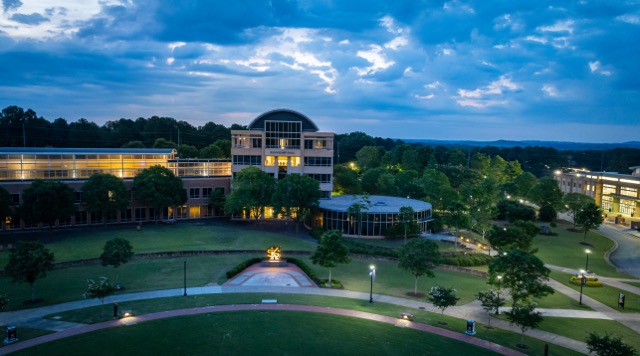 An arial shot of Kennesaw Hall and the Campus Green