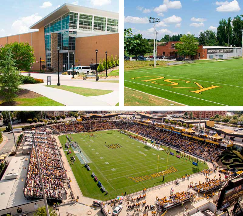 Three views of Kennesaw State University, the Recreation Center, an athletic field with "KSU" painted on the turf near a sign for "KENNESAW STATE UNIVERSITY," and an aerial view of the Fifth Third Stadium filled with fans.