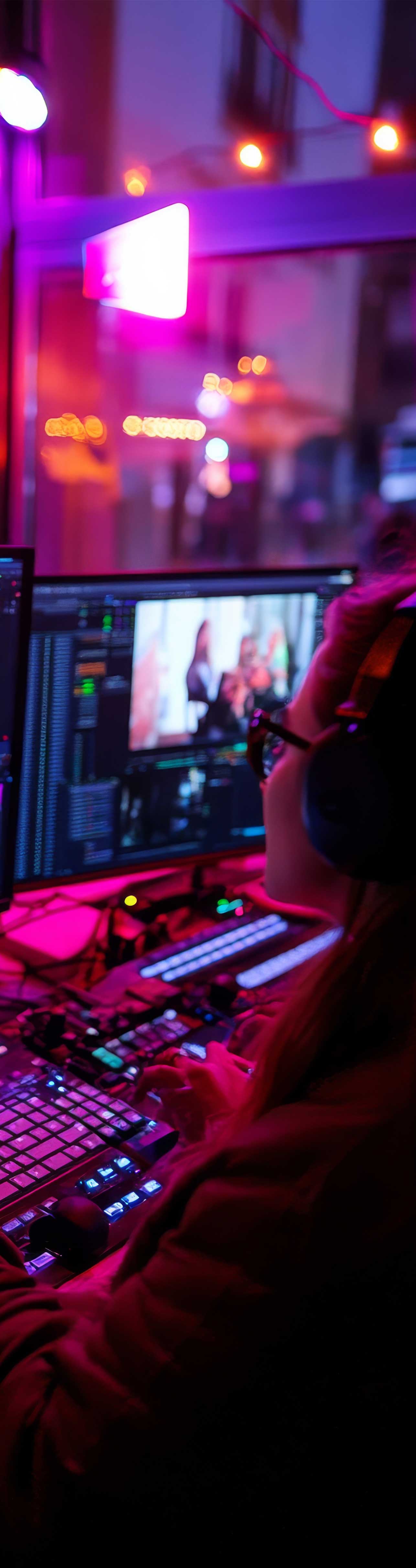 A photo shows KSU audio and video staff wearing headphones and working at a computer setup with multiple monitors