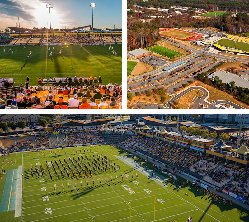 A collage of photos for Kennesaw State University Sports and Entertainment Parks.