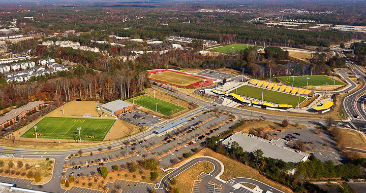Aerial view of the Sports and Entertainment Park and is an 88 acre multi-purpose sports and recreation park located just 1 mile from KSU’s main campus. 