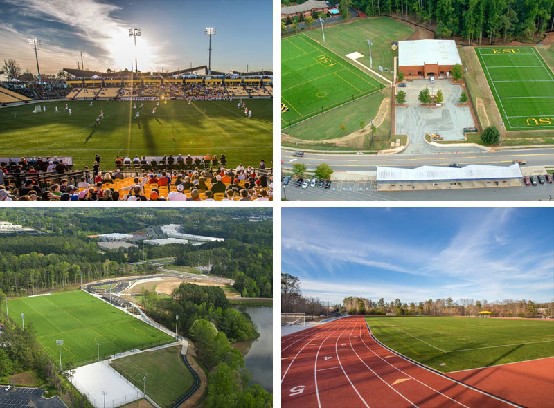 The image is a collage of four different views of sports facilities at Kennesaw State University