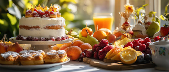 A photo of arranged KSU event catering table featuring a layered cake with candles, fresh fruit, pastries, a glass of orange juice, and floral decorations, set in a bright, sunlit room.