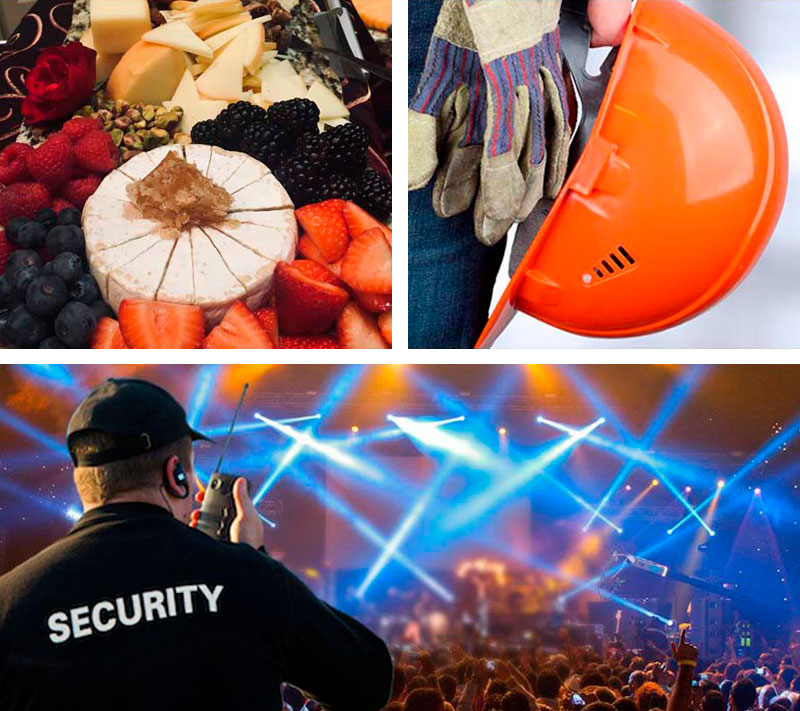 A collage displaying events of a food spread, a man in a hard hat, and a man in a safety vest, highlighting different resources for events at KSU.