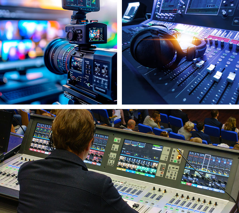 A collage of high-tech production environments featuring professional video and audio equipment, showcasing the dynamic work of Night Owl Productions.