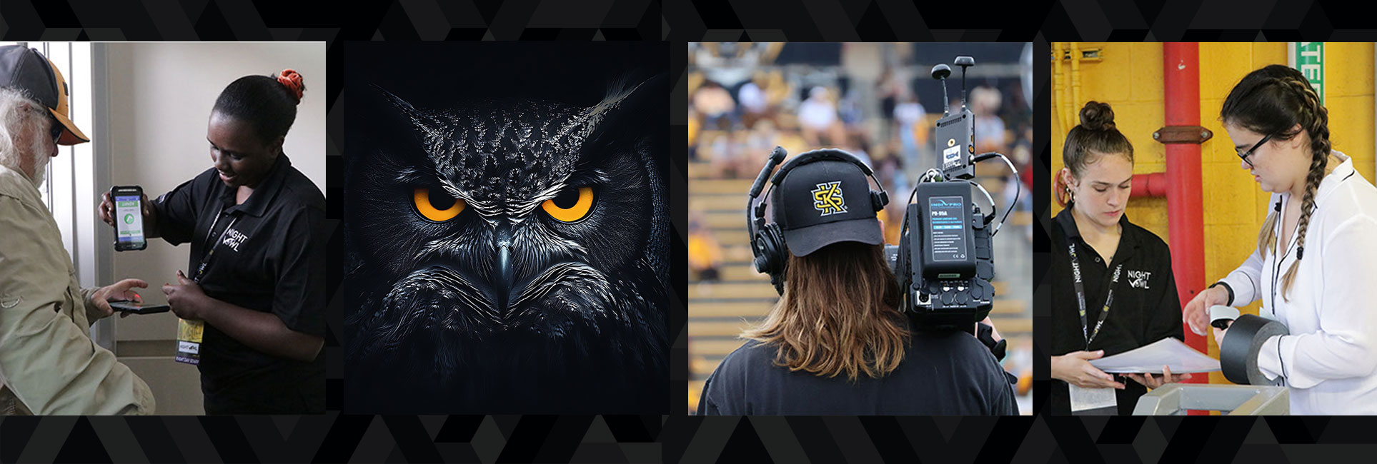 A Kennesaw State University student operates a live video camera during a football game, while two Night Owl crew members collaborate backstage with equipment and notes, showcasing their experience and professionalism.