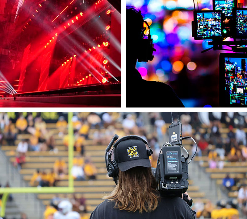 A collage showcasing Night Owl Productions in action across various venues, including a red-lit concert stage, a control room with colorful monitors, and a camera operator filming at a sports stadium event.