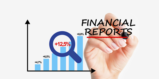 Bar graph with increasing percentages and a magnifying glass highlighting a 12.5% rise, next to the handwritten text “Financial Reports."