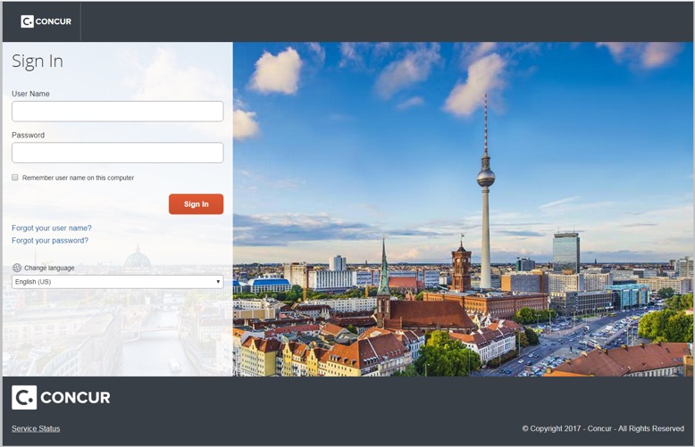 concur sign in page with user name and password and a painting in the background