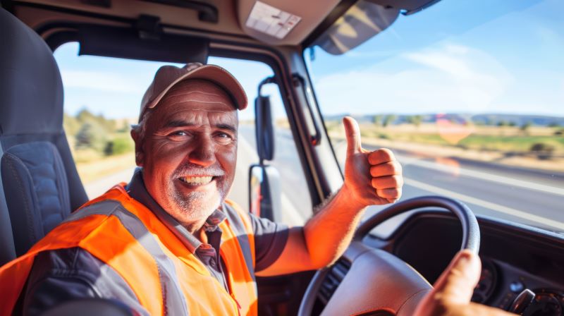 Smiling truck driver giving thumbs up