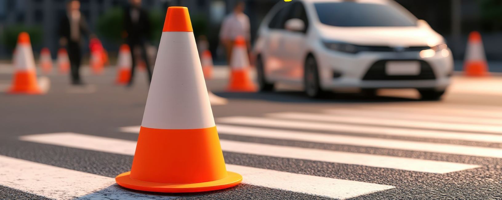 Traffic cones and white car at a crosswalk