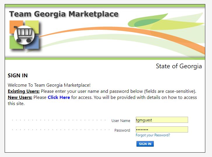 Team Georgia Marketplace login page with username and password fields.