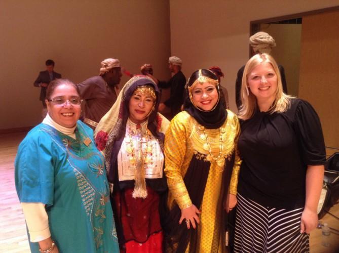  / Dancers with Al Najoom Dance Troupe (center) with Dalila Coll-Flores, Kennesaw State's Administrative Assistant for Global Affairs (left) and Kennesaw State student Caitlin Syfrett (right).
