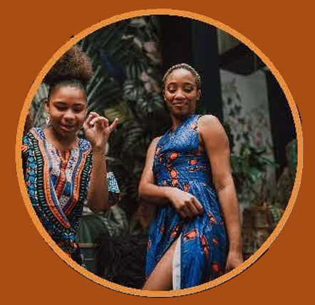 Ties That Bind Us graphic, two women in african garments