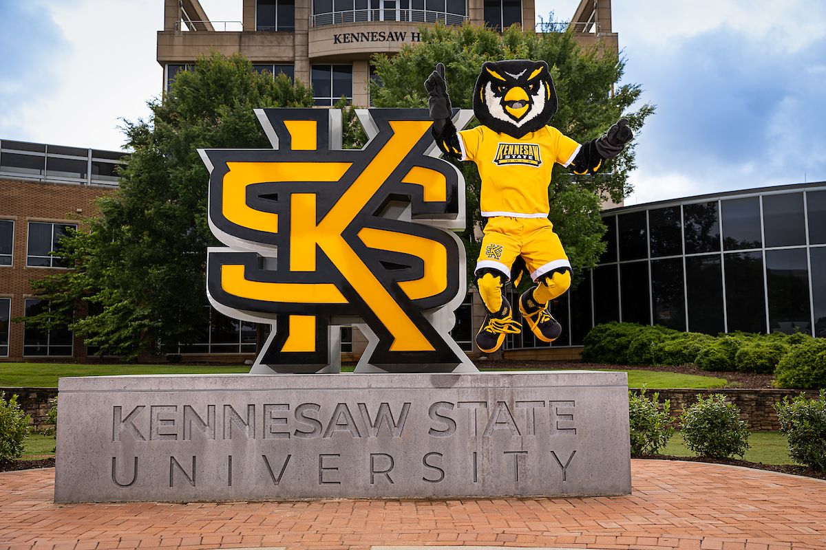 ksu mascot scrappy standing outside ksu campus