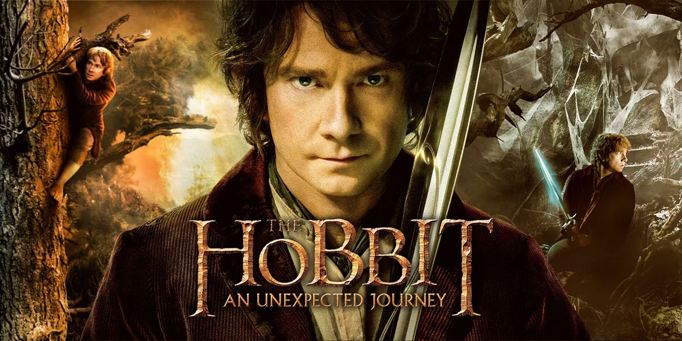 Horizontal title treatment of The Hobbit: An Unexpected Journey. Promotional stills are inside the graphic