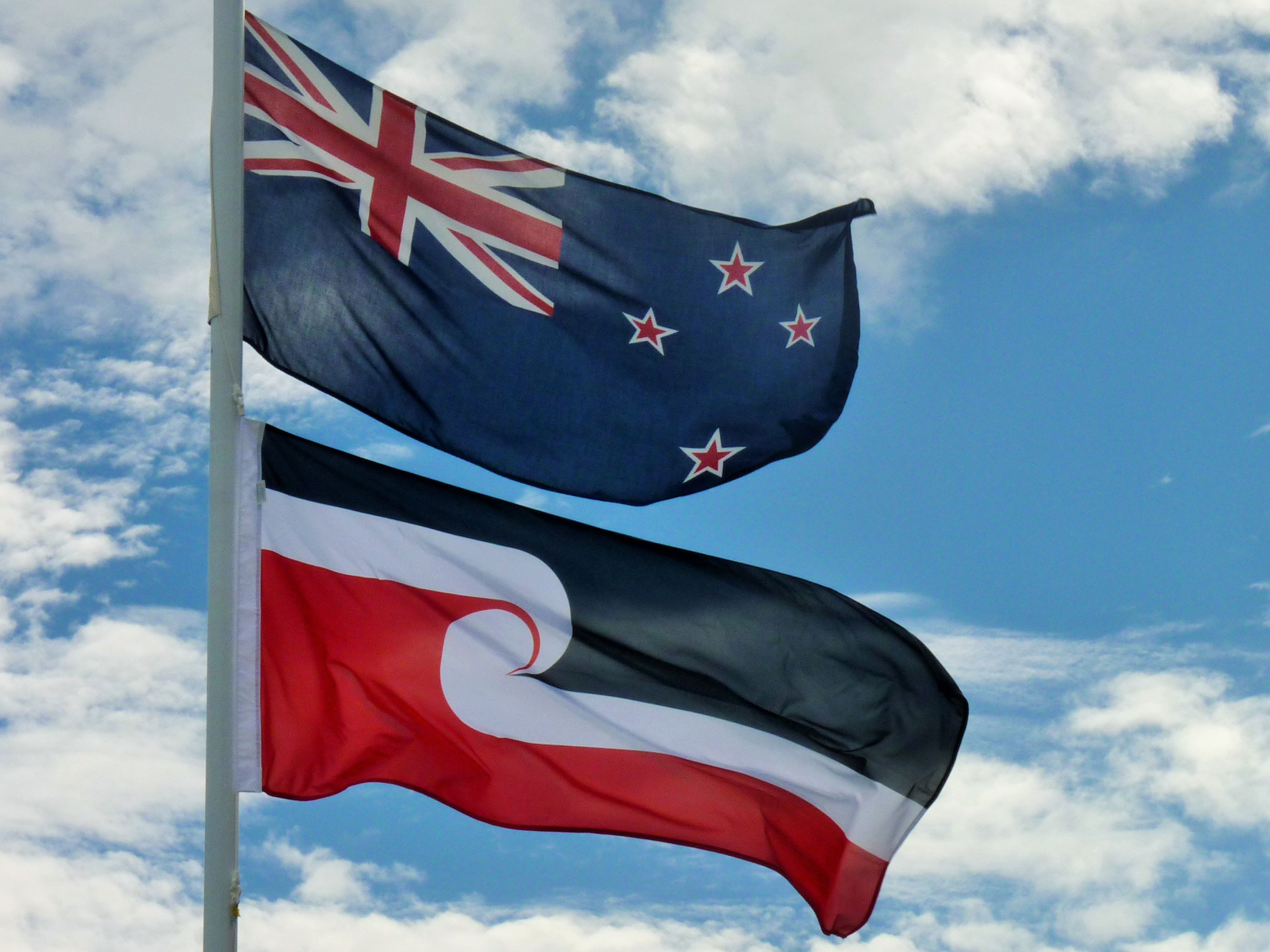 On top is the New Zealand flag; on the bottom is the Maori flag