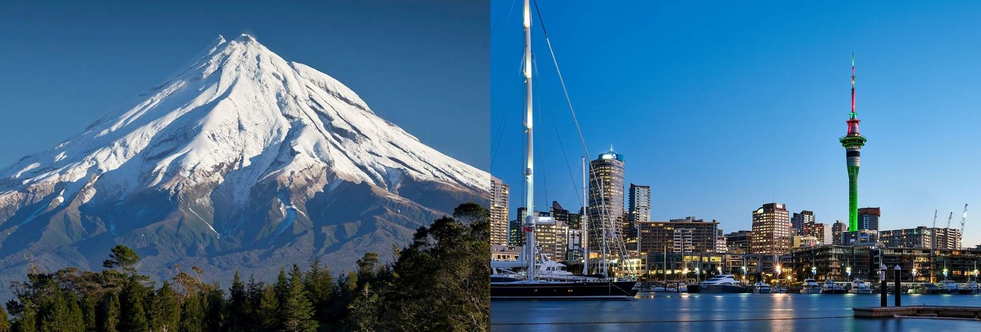 Left picture is a snowy mountain in new Zealand, and the right picture is New Zealands city.