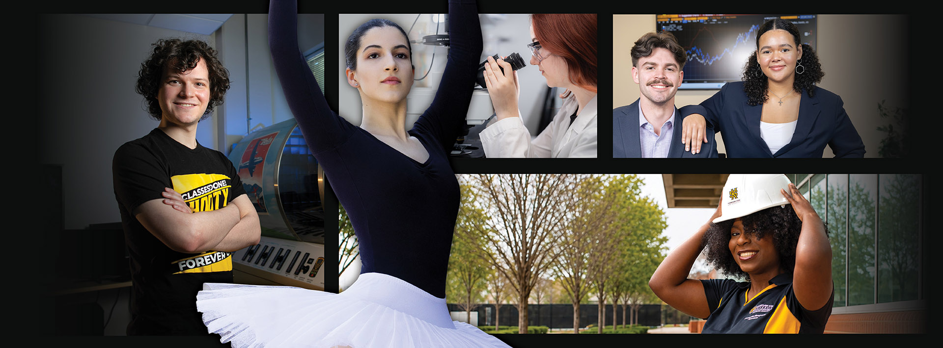 Collage featuring a smiling male next to an engine; serious female ballet dancer in black leotard and white tutu with arms raised; female student looking at a microscope; smiling business majors in front of a digital screen; smiling construction management major with KSU hard hat.
