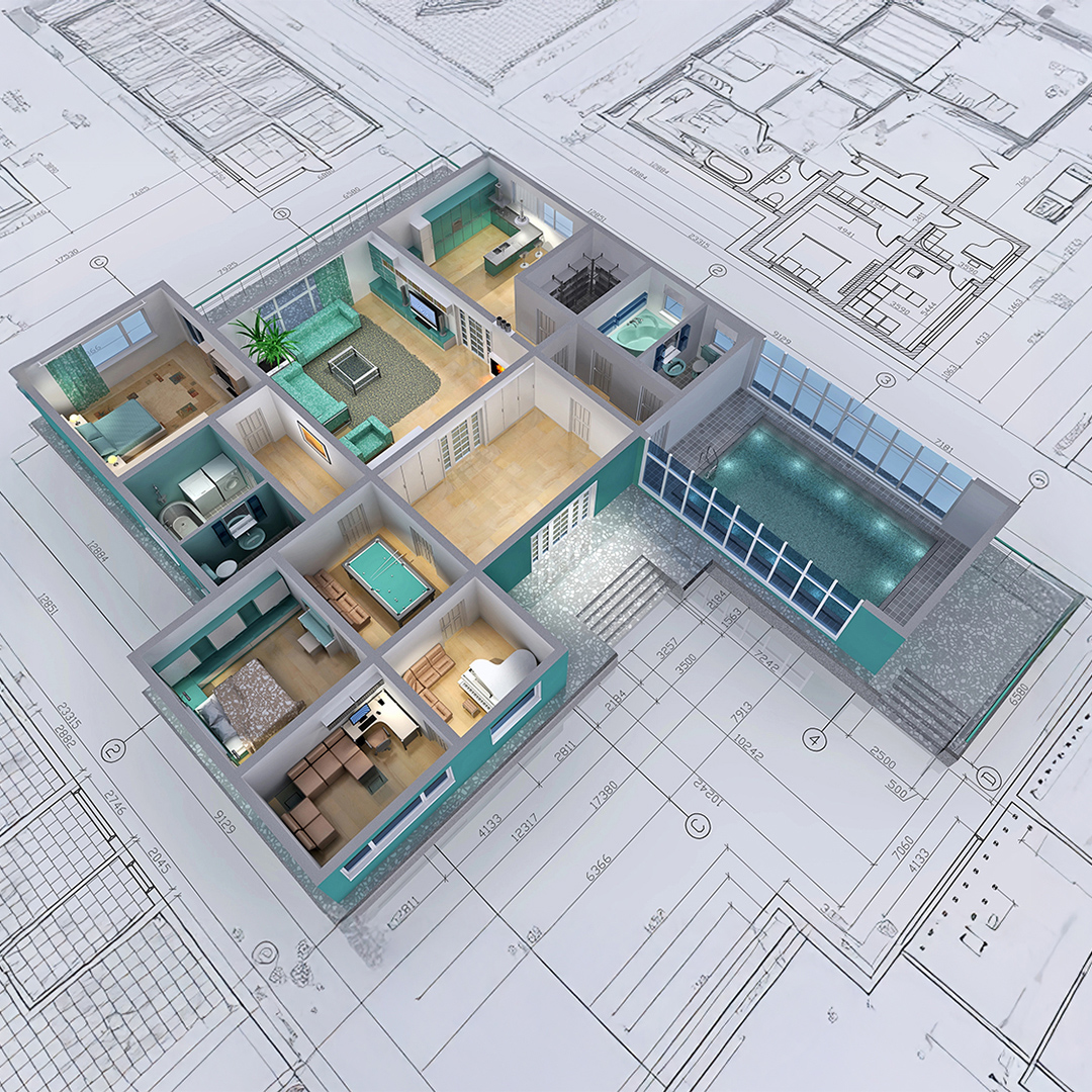 A 3D rendered floor plan of a modern home displayed over architectural blueprints, showcasing room layouts, interior design, and structural planning details.