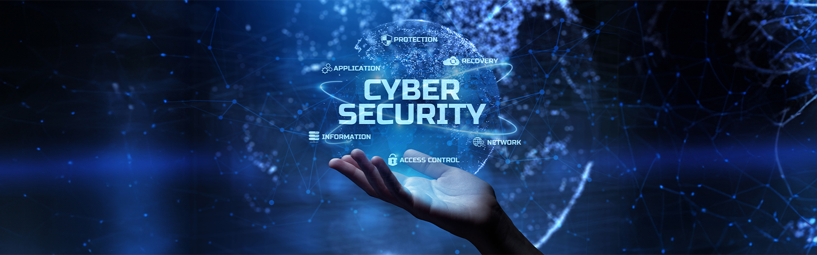  a hand holding blue glowing text Cyber Security surrounded by the words application, protection, recovery, information, access control, network.