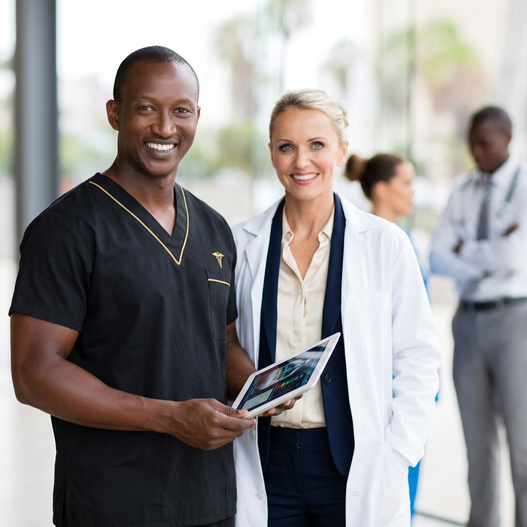 man in nurse suit smiling with tablet as he stands next to woman in doctors suit
