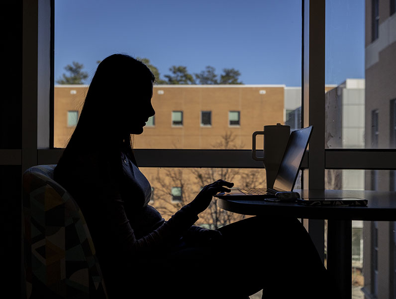 Silhouette of female student studying in a KSU academic building.