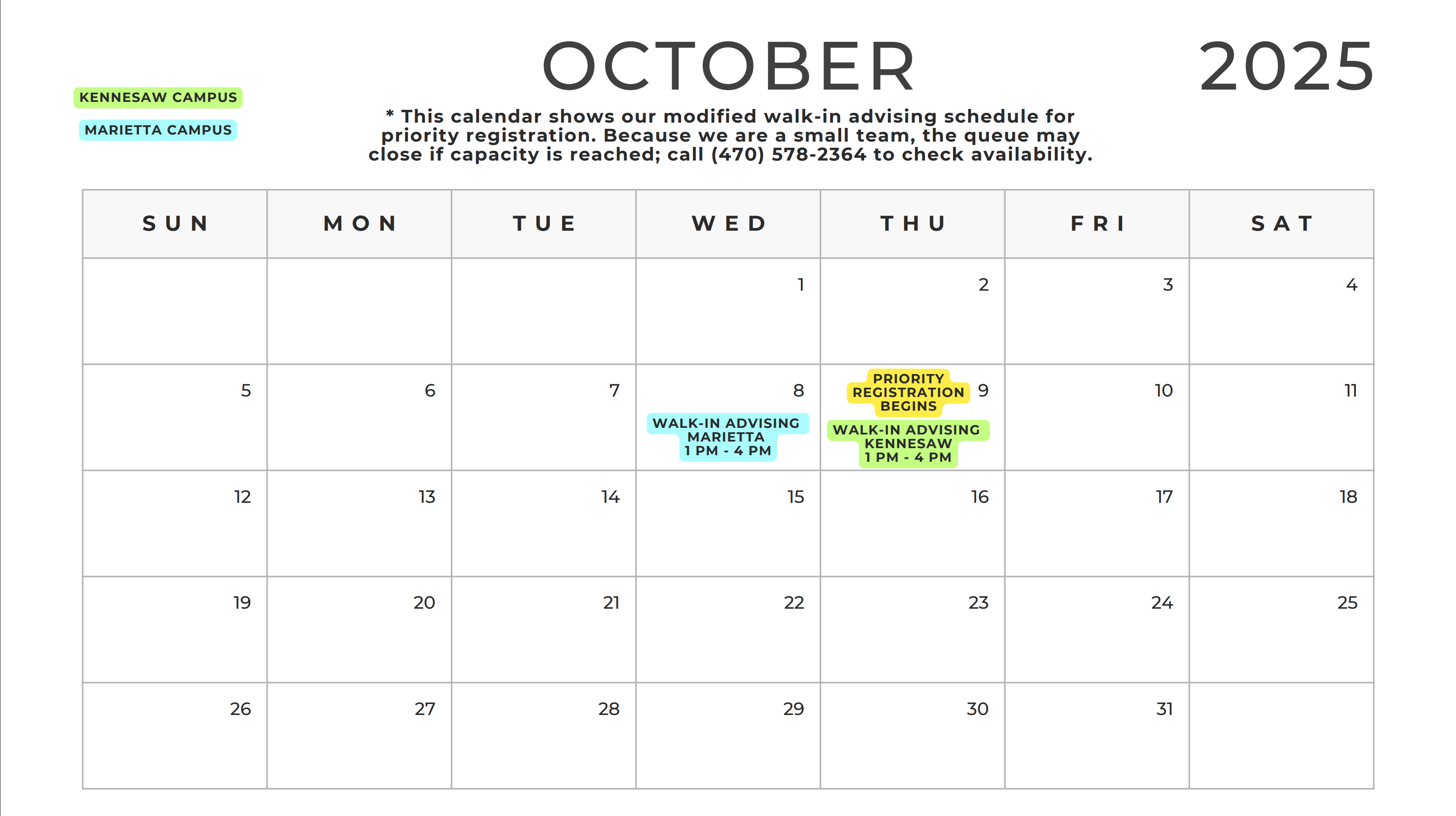 KSU Honors Advising calendar
