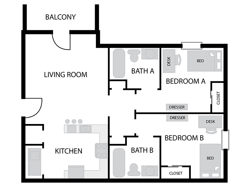 2 bedroom, 2 bathroom floor plan