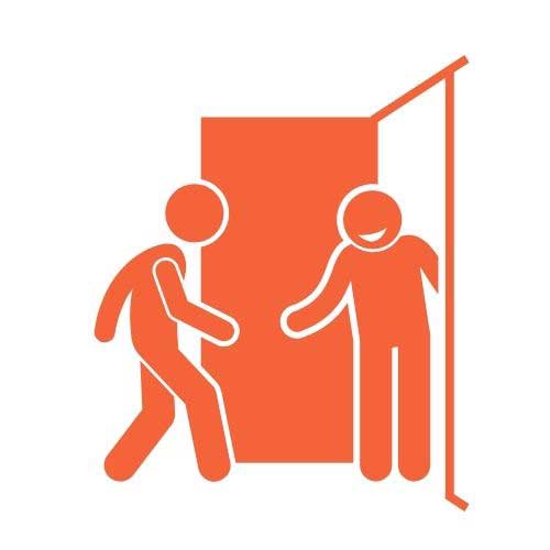 stick figure icon with one holding the door open for the other, welcoming them.