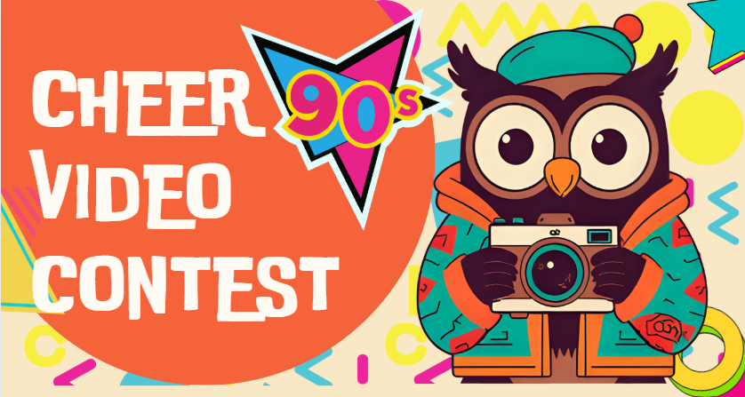owl dressed in 90s clothes holding a camera
