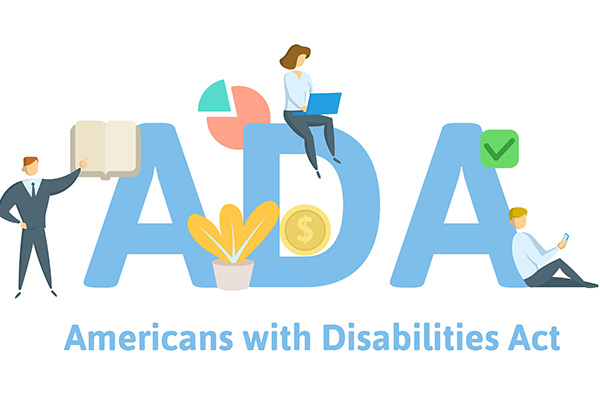 ADA, Americans with Disabilities Act. Concept with keywords, letters and icons. Colored flat vector illustration. Isolated on white background.