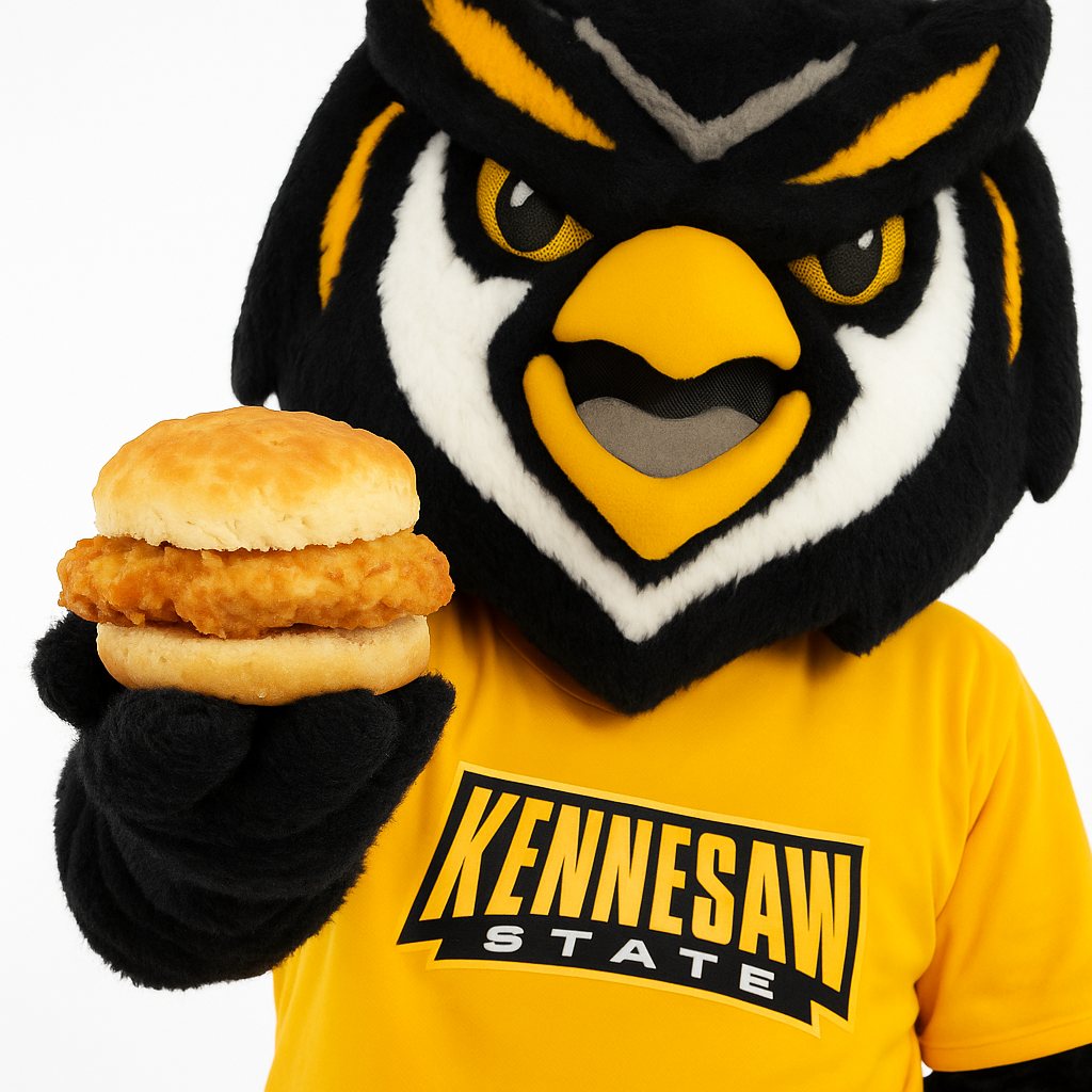 Scrappy holding a CFA biscuit