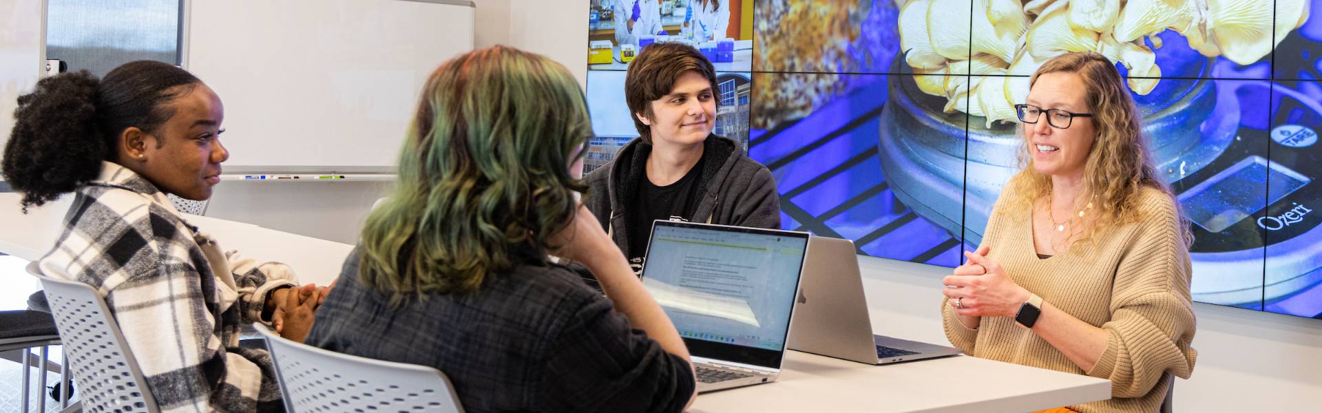 research students talking with research mentor