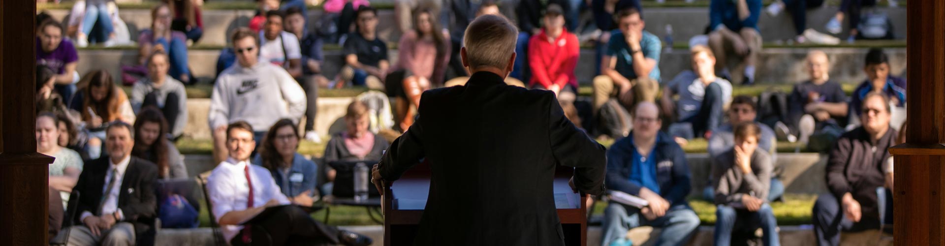 A man giving a speech at the KSU Gazebo