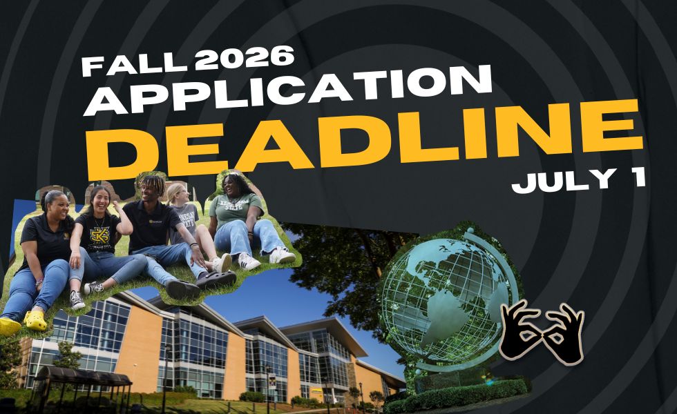 Graphic for Fall 2026 application deadline, July 1. Shows students sitting together, a modern building, and a globe sculpture with a dark spiral background.