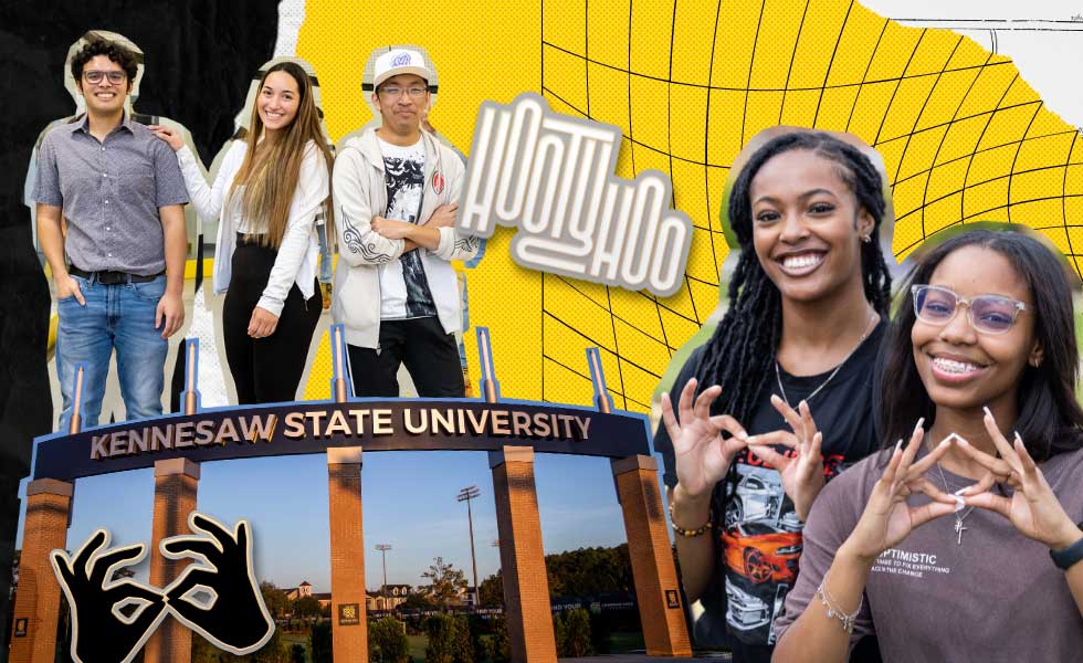  A colorful collage of KSU images including the KSU entry sign, text graphic of Hooty Hoo, fingers making the sign for Hooty Hoo, and five smiling KSU students 