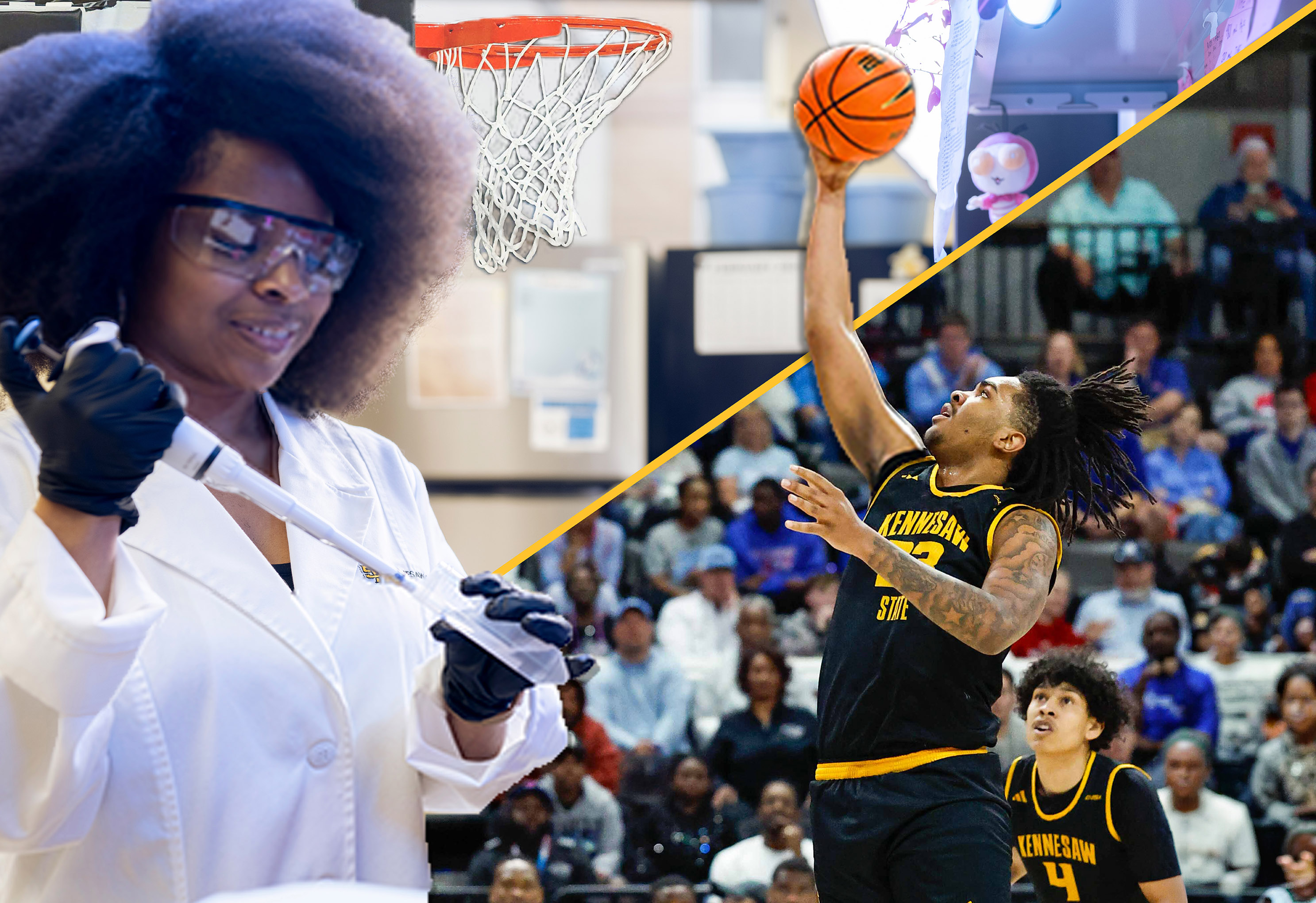 A researcher in a lab coat handles a pipette confidently, while a Kennesaw state basketball player leaps for a shot in action.