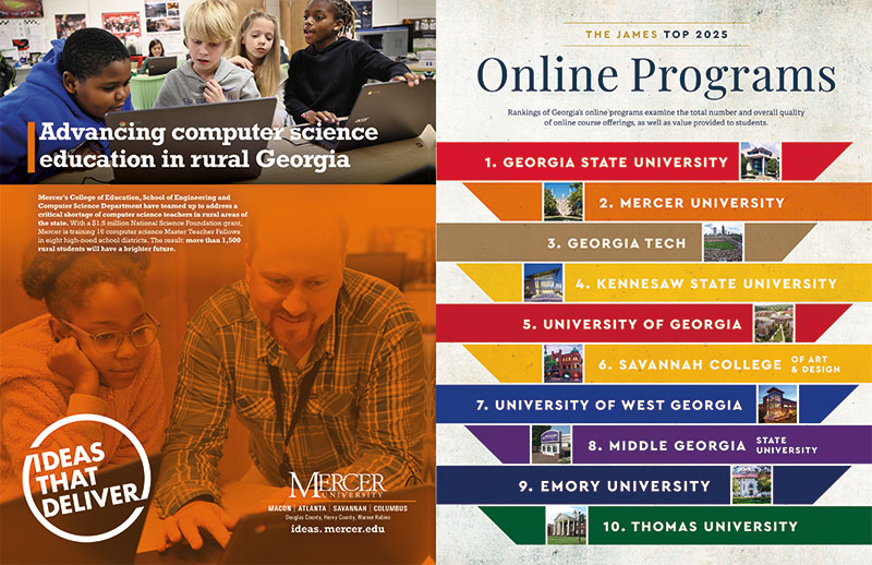 Split image promoting computer science education in rural Georgia and ranking online programs. Left: Diverse students and a teacher engaged in learning, titled 'Advancing computer science education in rural Georgia.' Right: List of top 10 Georgia universities for online programs, with Georgia State University at the top.