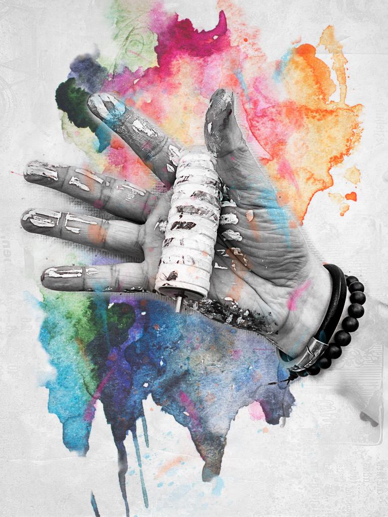 black and white art piece of a human hand holding a item.