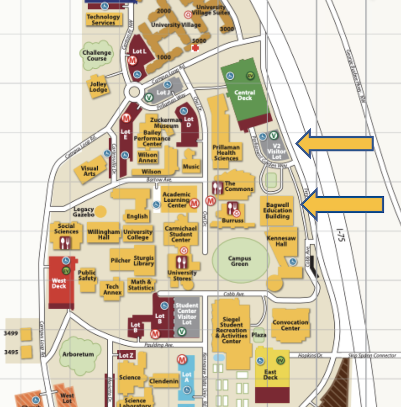 ksu campus map with two arrows, one pointing towards "v2 visitors lot" and the second one pointing to "bagwell education center".