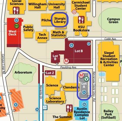 Campus  map showing the location of Sturgis Library and parking lot A.